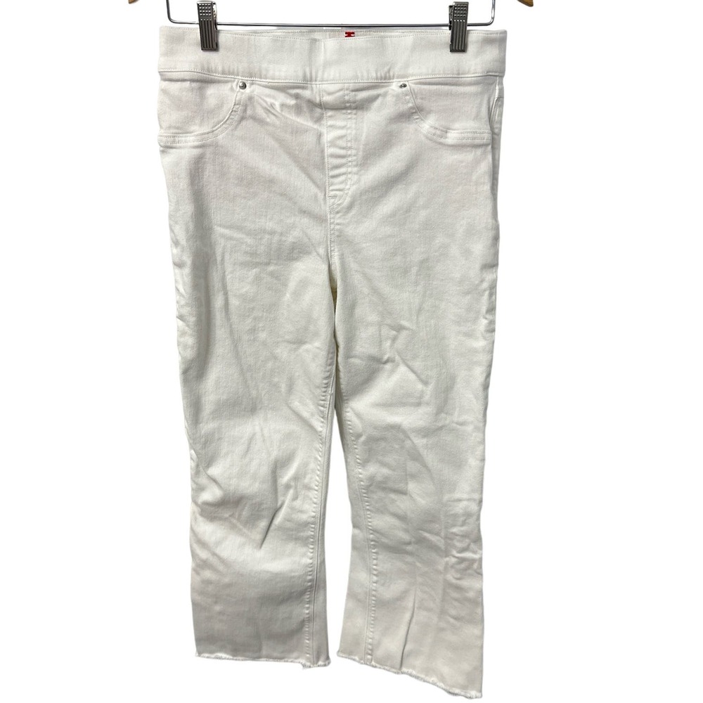 Spanx Cropped Flare Jeans Women's Large Stretch Raw Hem White Pull On